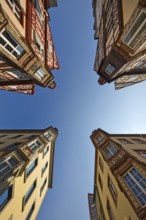 Four towers, ensemble of four historic buildings, view from bottom to top, Old Town, Koblenz,