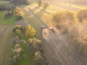 Two vehicles in a field harvesting and kicking up dust at sunset, surrounded by trees and fields,