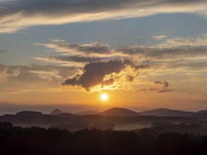 Mountain landscape with sunset, clouds and fog, Lusatian Mountains, Bohemia, Czech Republic, Europe