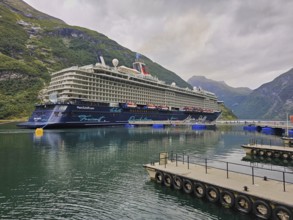 A large cruise ship, Mein Schiff 6, lies in the fjord, surrounded by green mountains under a cloudy