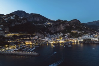 Amalfi at night from a drone, Salerno, Campania, Italy, Europe