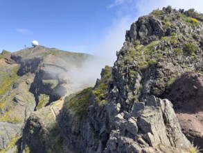 PR1 hiking trail with a view of the radar station on Pico Arieiro, Madeira, Portugal, Europe