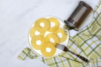 Pineapple rings on a plate and tin can