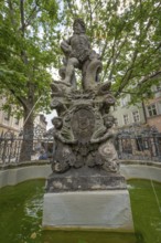 Neptune fountain, called Gabelmoo, with coat of arms, newly erected in 1697, Grüner Markt, Bamberg,