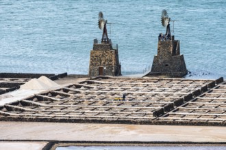 Sea salt extraction, Janubio salt works, Salinas de Janubio, Lanzarote, Canary Islands, Spain,