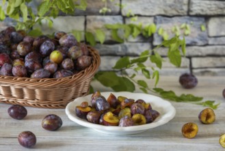 Fresh whole and sliced plums in a basket and on a white plate, on a rustic wooden table in front of