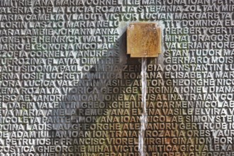 Banat, Timisoara, Timisoara, old town centre, names on a fountain, metal plate with names, Romania,