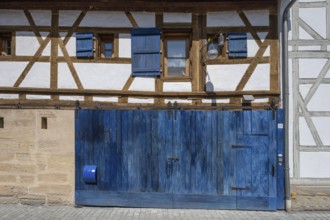 Old blue-painted barn door, Forchheim, Upper Franconia, Bavaria, Germany, Europe