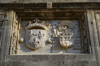 Stone relief with two decorated coats of arms, one with a crown, in a rectangular frame, Knights'