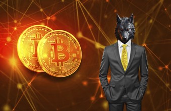 Symbolic image, wolf in a suit, digital currency, Bitcoin, resources, energy, industry, economy