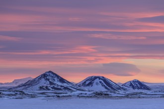 Sunset over Bergen in the snow, volcano winter, behind Herdubreid, Iceland, Europe