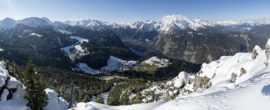 View of Königssee and Watzmann with snow in autumn, from the Jenner, Berchtesgaden National Park,