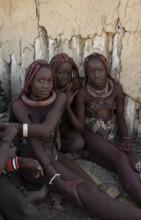 Young Himba woman sitting together in the shade, near Opuwo, Kaokoveld, Kunene, Namibia, Africa