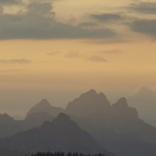 Mountain panorama from Grünten, 1783m, to the Tannheim mountains, Allgäu Alps, Tyrol, Austria,