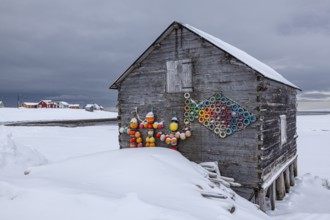 Boathouse on the beach, houses, village, coast, sea, snow, winter, clouds, Kramvik, Varanger