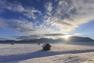 Hut in front of snow-covered mountains, sunrise, winter, Loisach-Lake Kochel moor, Alpine