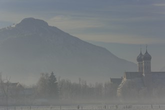 Monastery in the morning light, fog, hoarfrost, winter, Benediktbeuern Monastery, Alpine foothills,