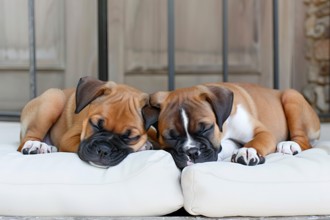 Two cute boxer pups sleeping on cushions, AI generated