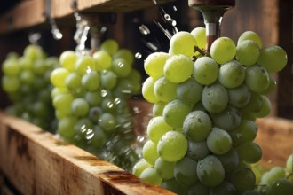 Grape cluster mid crush in a traditional wine press with dynamic flow of juice, AI generated