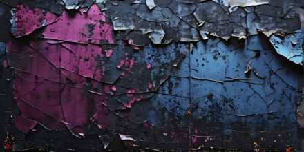 Vintage style collage featuring textured grunge posters in hues of black, blue and magenta, AI