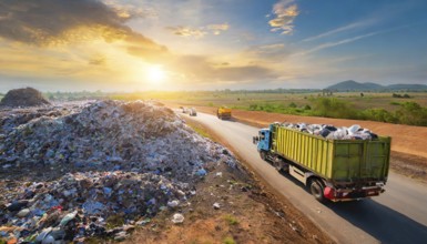 Symbolism, large rubbish dump, rubbish lorry delivering, AI-generated, AI-generated, AI generated