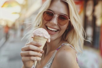 Happy woman with sunglasses eating cone with ice cream in summer. KI generiert, generiert, AI