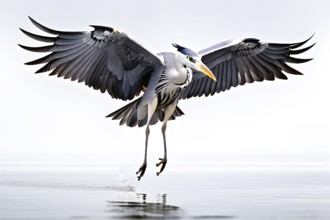 Grey heron mid flight wings spread wide, AI generated