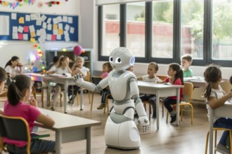 A robot teaches in a classroom, symbolising highly developed communication technology, AI