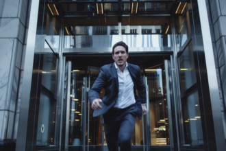 A businessman in a suit hurriedly runs out of a modern office building in a city, AI generated, AI