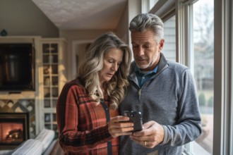 An elderly couple stand at the window in their living room and look worried, frightened, unsettled