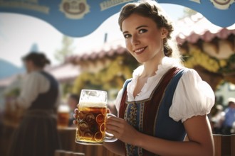 Young waitress woman in traditional bavarian Dirndl dress serving beer at Oktoberfest festival. KI