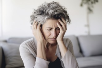 Middle aged woman with headache or migrane holding her head in pain. KI generiert, generiert AI