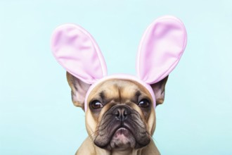 Fawn French Bulldog dog with pink Easter bunny ears on blue background. KI generiert, generiert AI