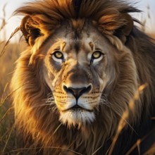 African savanna sunrise with close up of a majestic lion, AI generated