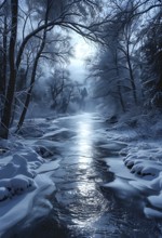 Serene winter night scene of a frozen river winding through a forest in moonlight, AI generated