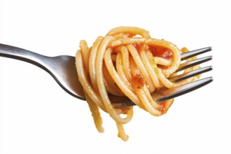 Spaghetti on fork on white background. Generative Ai, AI generated