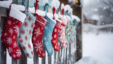 Row of Christmas stockings hanging from a snow-covered wooden fence, with delicate frost patterns