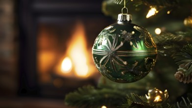 Christmas ornament hanging on a tree, with reflections of twinkling lights and fireplace flames