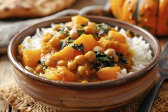 Bowl with curry with pumpkins, chick peas and jasmin rice. Generative Ai, AI generated