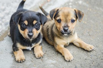 Two cute pocket Dog pups seated on ground, AI generated