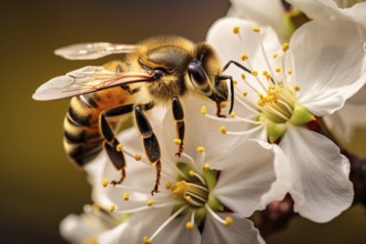 Close up of honey bee collecting pollen on flower. KI generiert, generiert AI generated