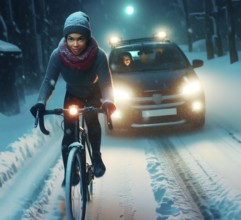 A cyclist rides in front of a car with her headlights switched on in the dark in snow, generated