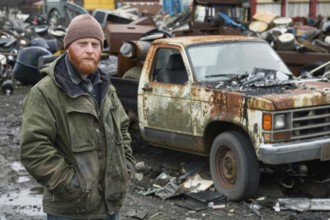 A red-haired man with a full beard, scrap dealer, in work clothes in a scrap yard, AI generated, AI