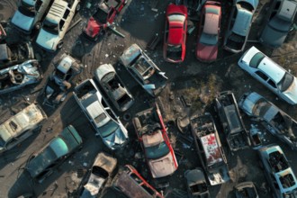 Aerial view, top down view of a scrap car, wreck, in a scrap yard, car graveyard, AI generated, AI