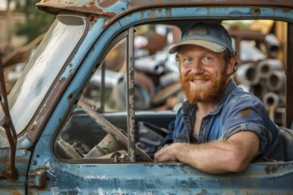 A red-haired man with a full beard, a scrap dealer in work clothes sits behind the wheel of his