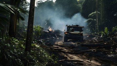 Destructive act of fire clearing within the amazon rainforest, AI generated