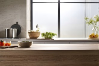 Wooden kitchen with top counter and other modern interior elements, AI generated