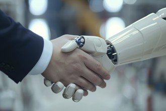 Handshake between business man in suit and artificial intelligence android arm. Genertaive AI, AI