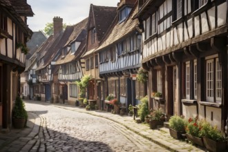 Traditional half timbered house nestled within the heart of a picturesque village in golden hour