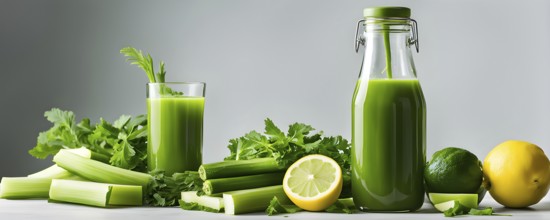 Bottle of vibrant green detox juice surrounded by green fruit and vegetables, AI generated